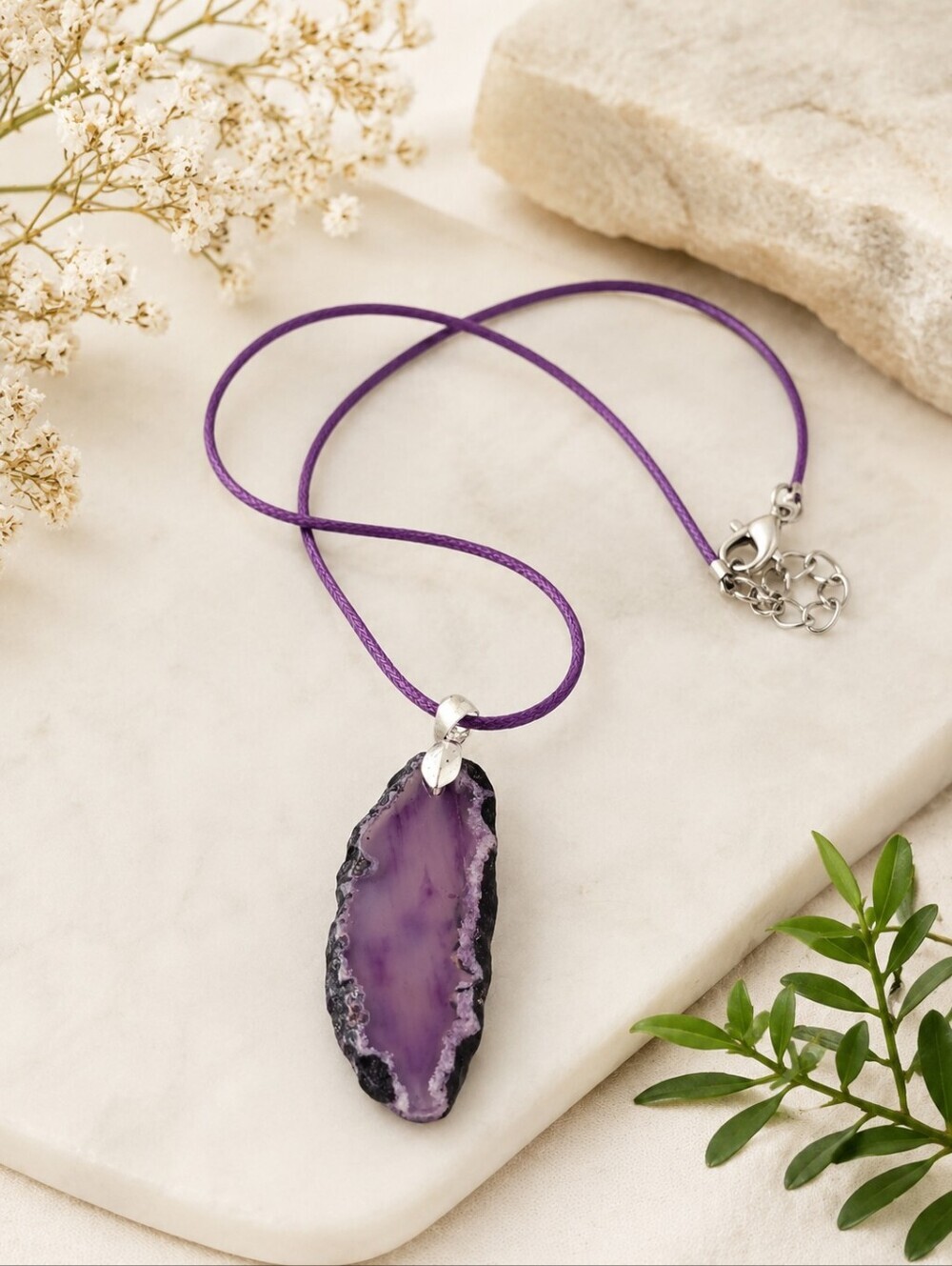 Purple Geode Slice Pendant Necklace Adjustable 17-19" Wax Cord Handmade
